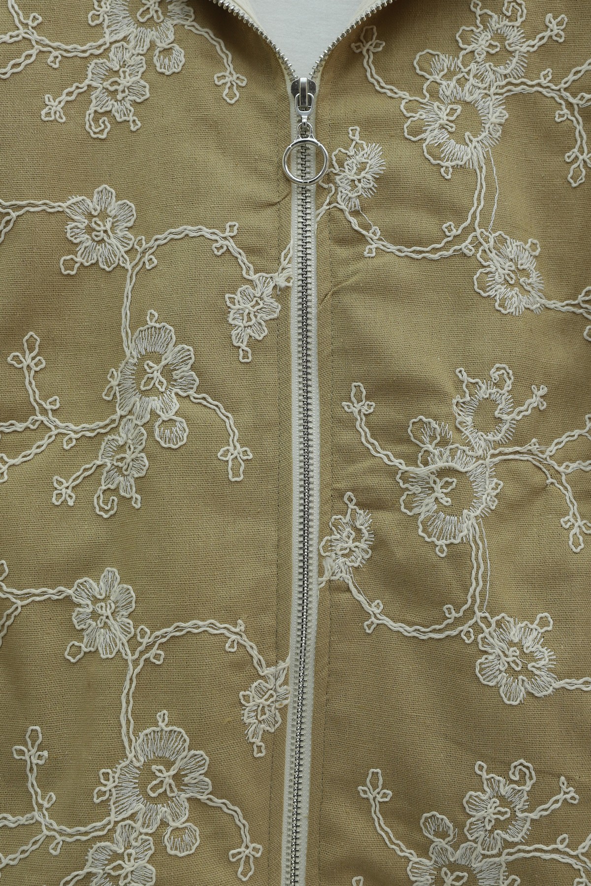Round Neck, Zip-Up, Embroidered Linen Jacket with Pockets -Cinnamon