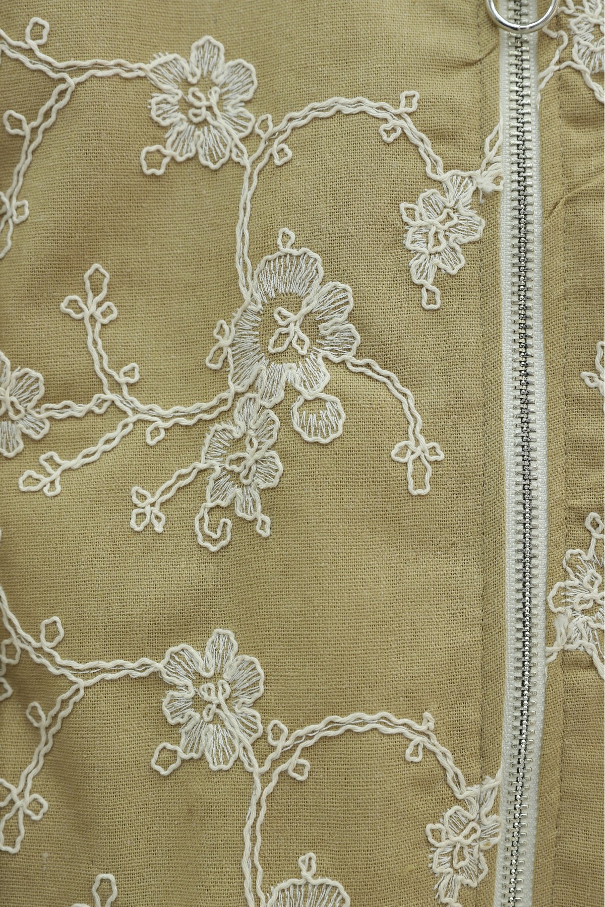 Round Neck, Zip-Up, Embroidered Linen Jacket with Pockets -Cinnamon