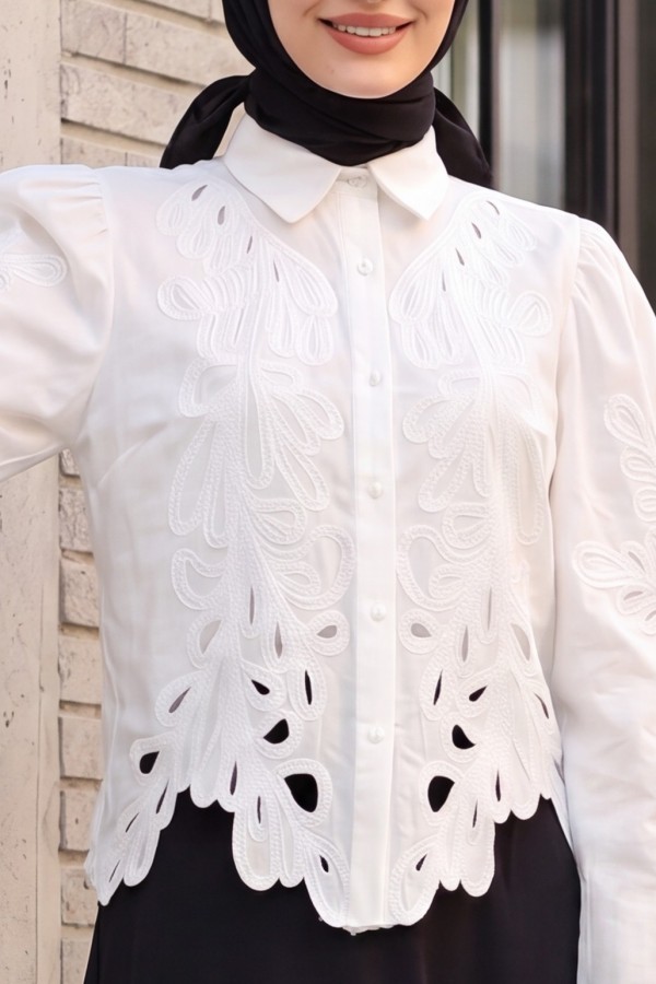 Wide Sleeve Embroidered Buttoned Linen Shirt -White
