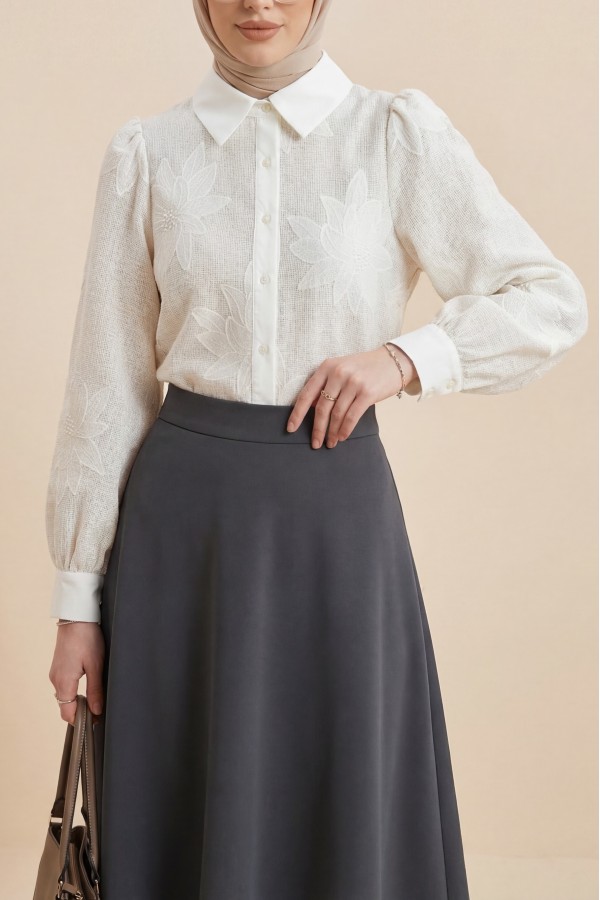 Karpuz Kol Çiçek Nakışlı Etamin Gömlek -Krem