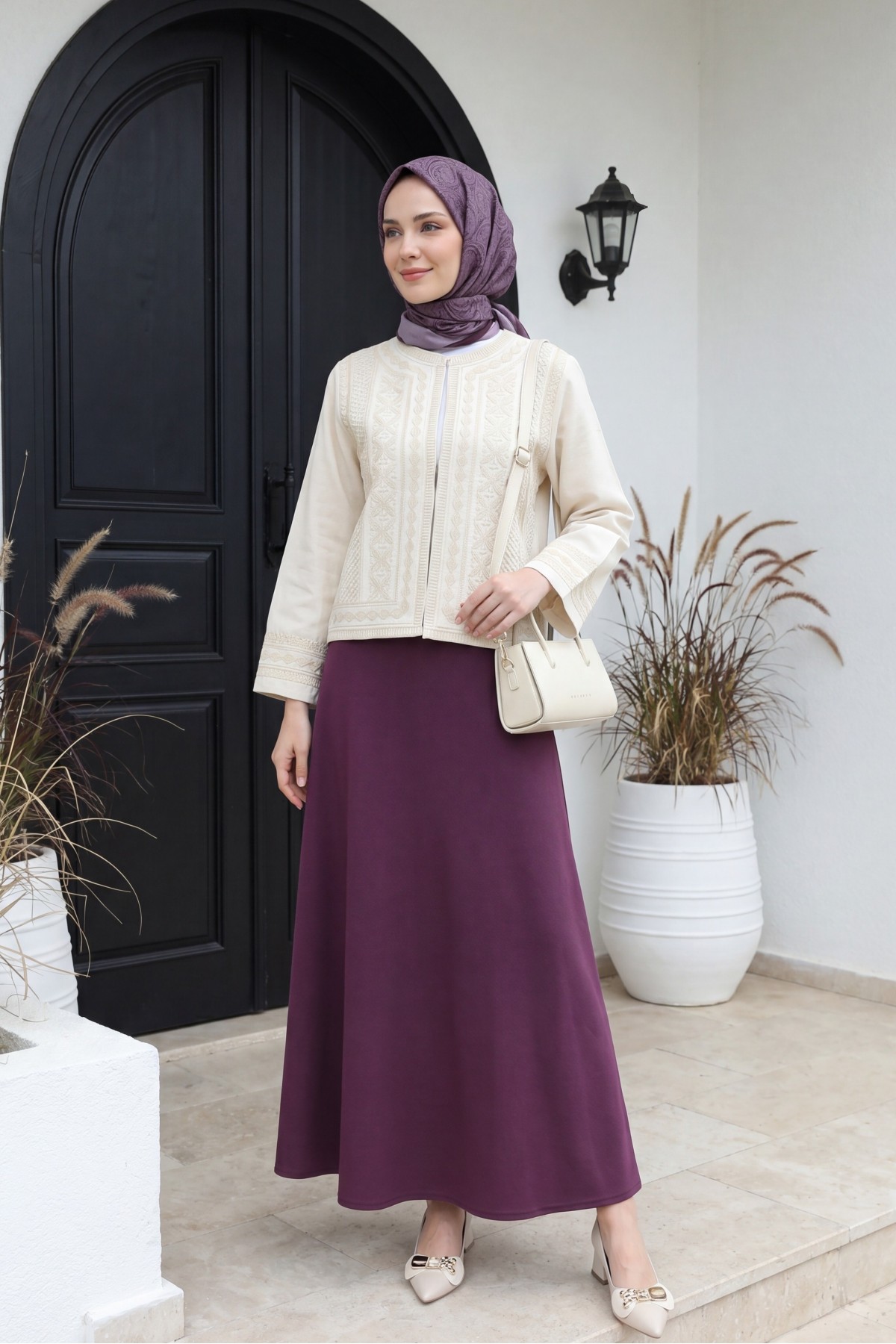 Lined Linen Jacket with Embroidered Front and Sleeves -Cream color