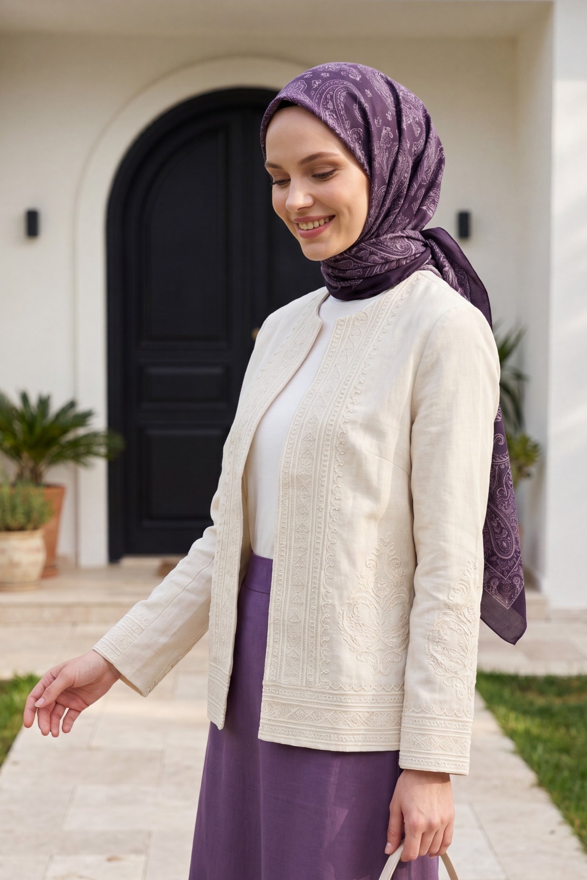 Lined Linen Jacket with Embroidered Front and Sleeves -Cream color