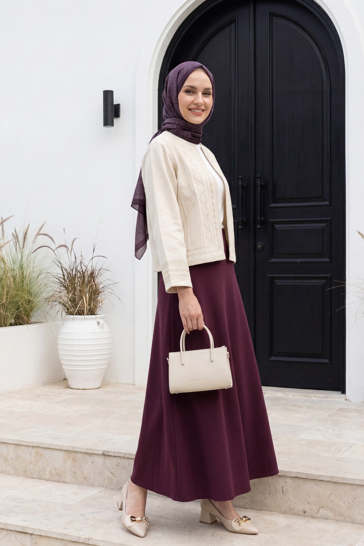 Lined Linen Jacket with Embroidered Front and Sleeves -Cream color