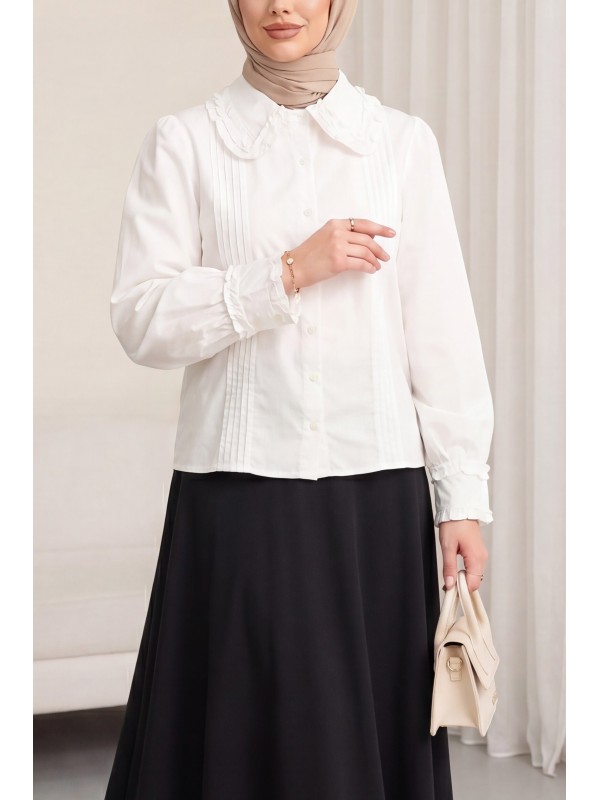Peter Pan Collar Ruffle Detail Buttoned Ribbed Balloon Sleeve Poplin Shirt -White