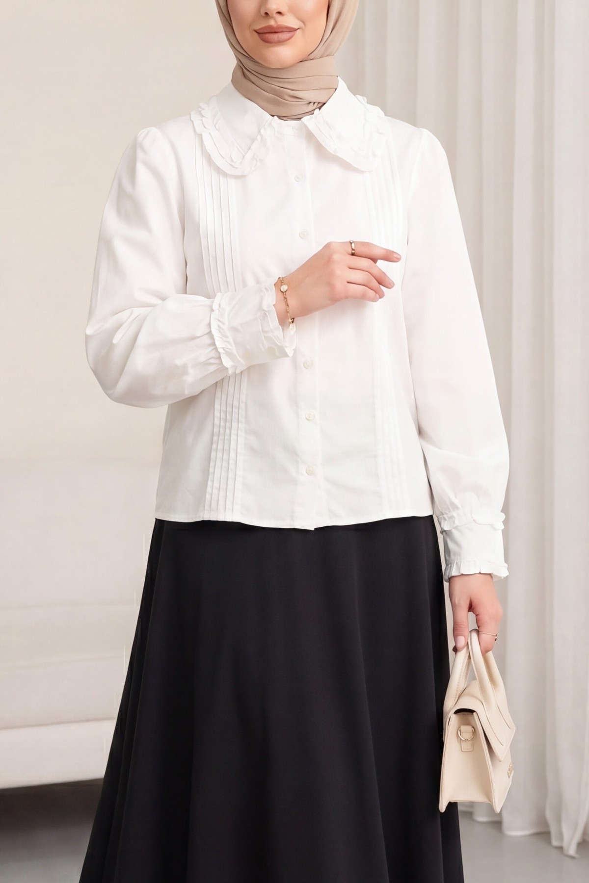 Peter Pan Collar Ruffle Detail Buttoned Ribbed Balloon Sleeve Poplin Shirt -White