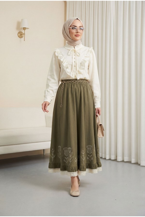 Mandarin Collar Ruffle Detail Lace-Up Jacquard Blouse -Ecru