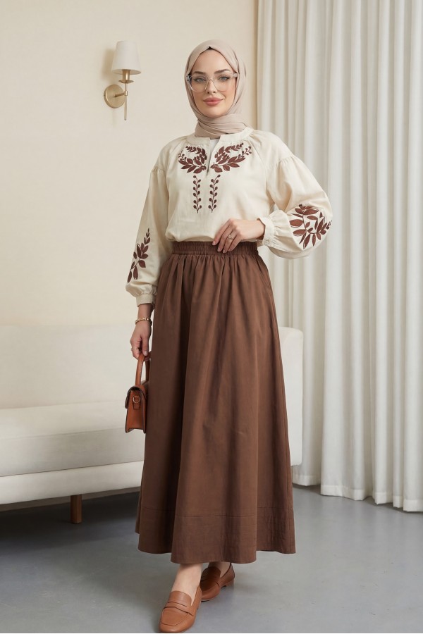 V Yaka Önü Ve Kolları Nakışlı Keten Bluz -Bej