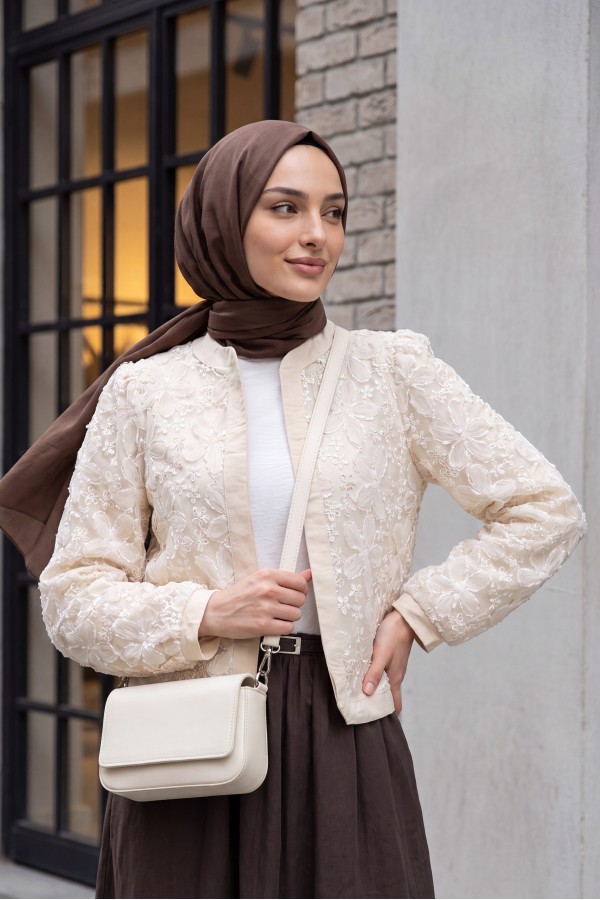Linen Jacket with Sequin and Tulle Flower Details -Cream color