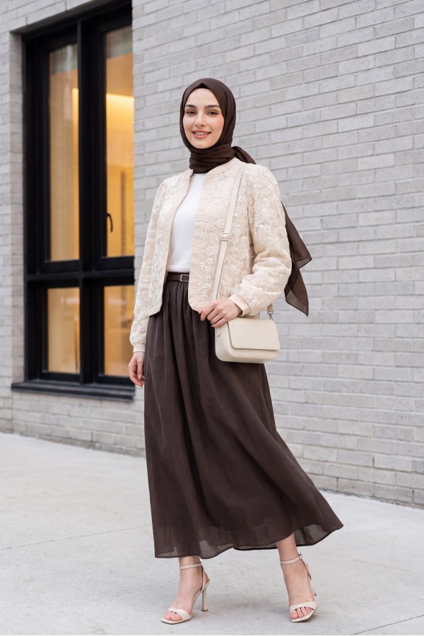 Linen Jacket with Sequin and Tulle Flower Details -Cream color