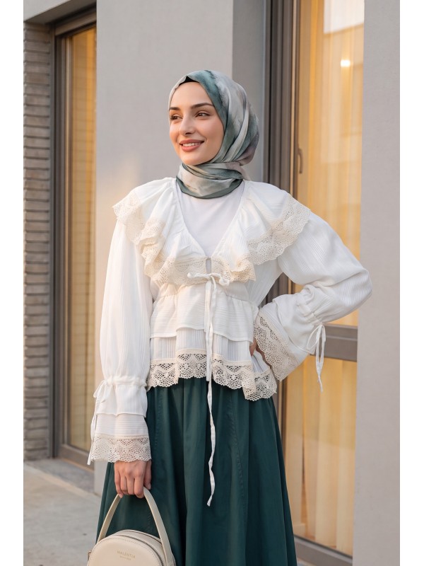 V-Neck Blouse with Lace and Ruffle Details and Gathered Style -Ecru