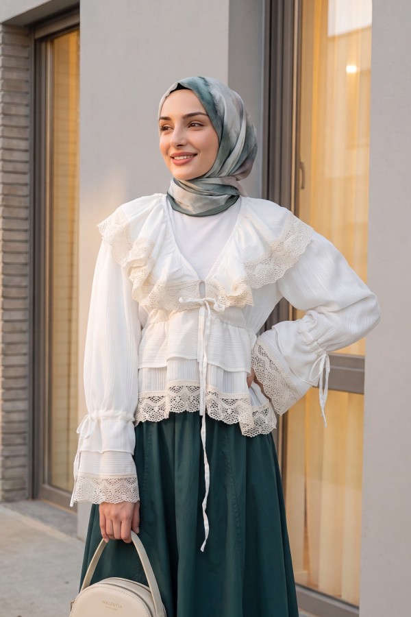 V-Neck Blouse with Lace and Ruffle Details and Gathered Style -Ecru