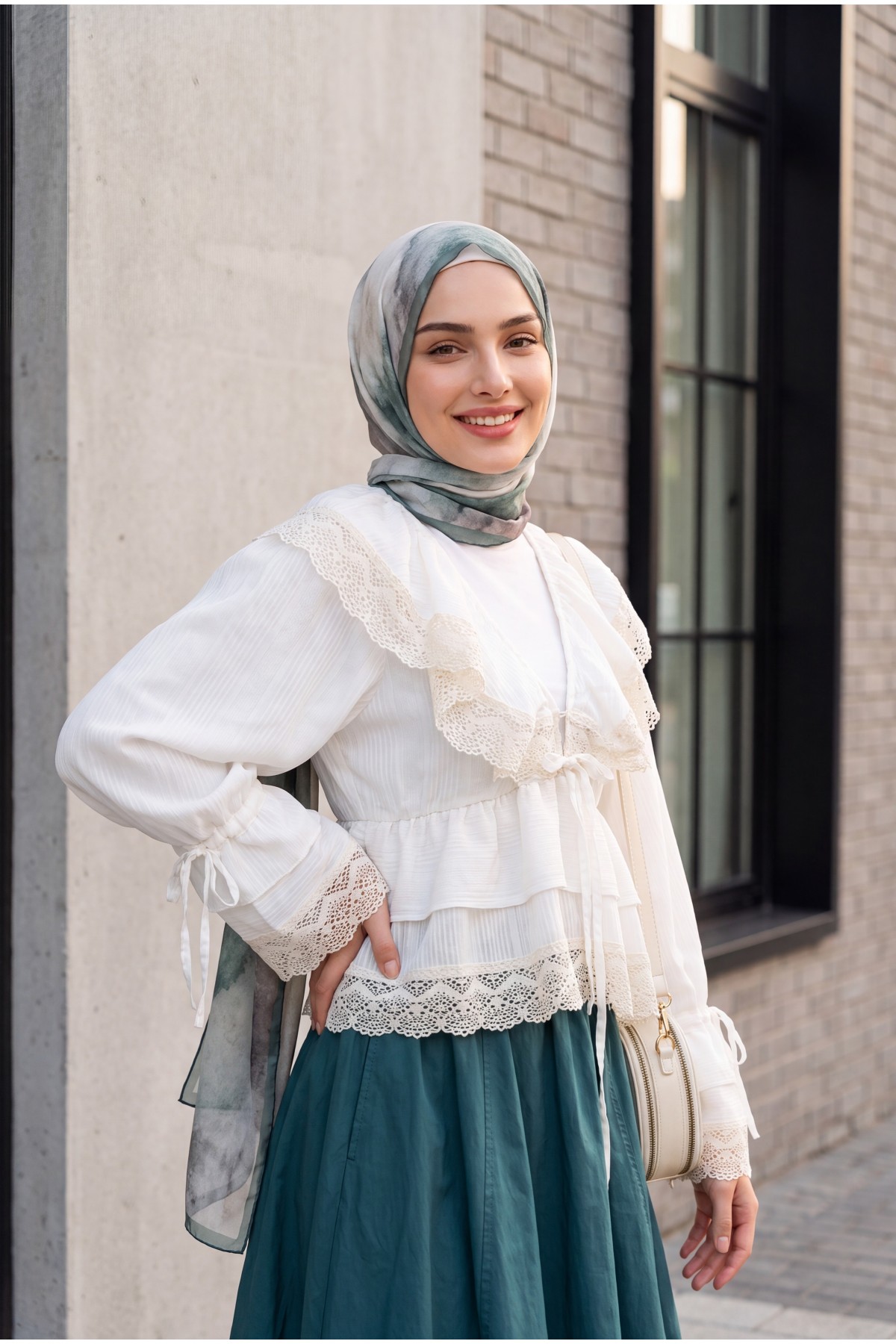 V-Neck Blouse with Lace and Ruffle Details and Gathered Style -Ecru