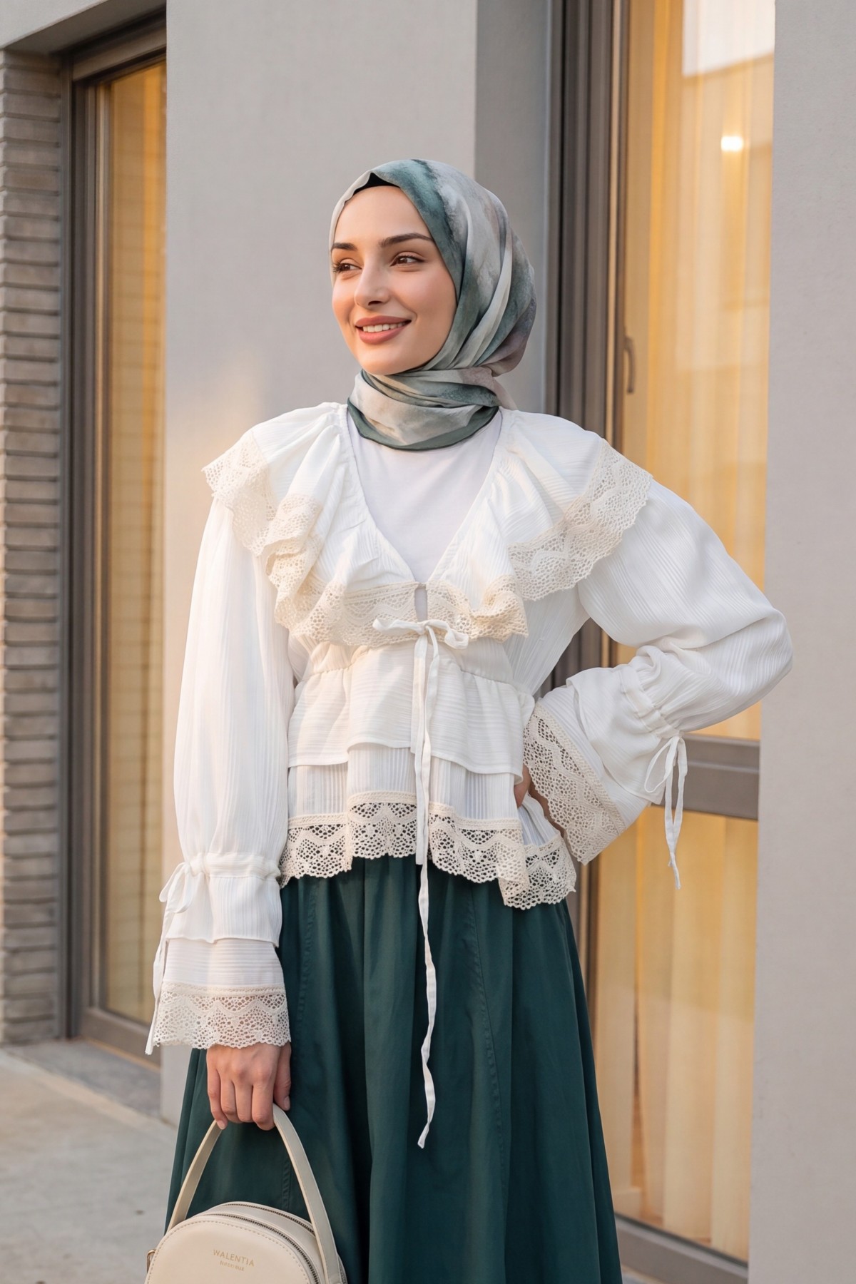 V-Neck Blouse with Lace and Ruffle Details and Gathered Style -Ecru