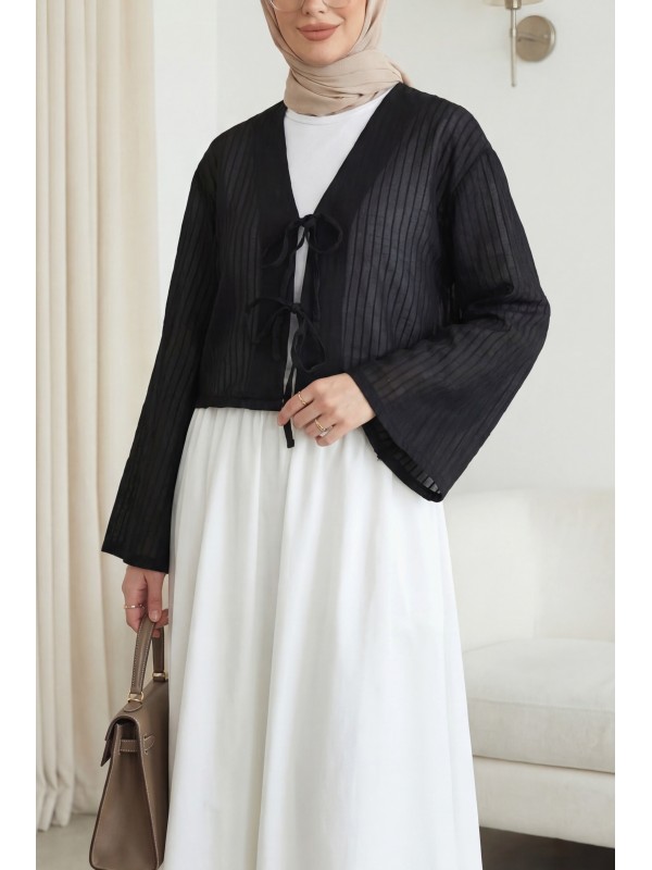 بلوزة بأكمام مكشكشة شبه شفافة برباط أمامي -أسود