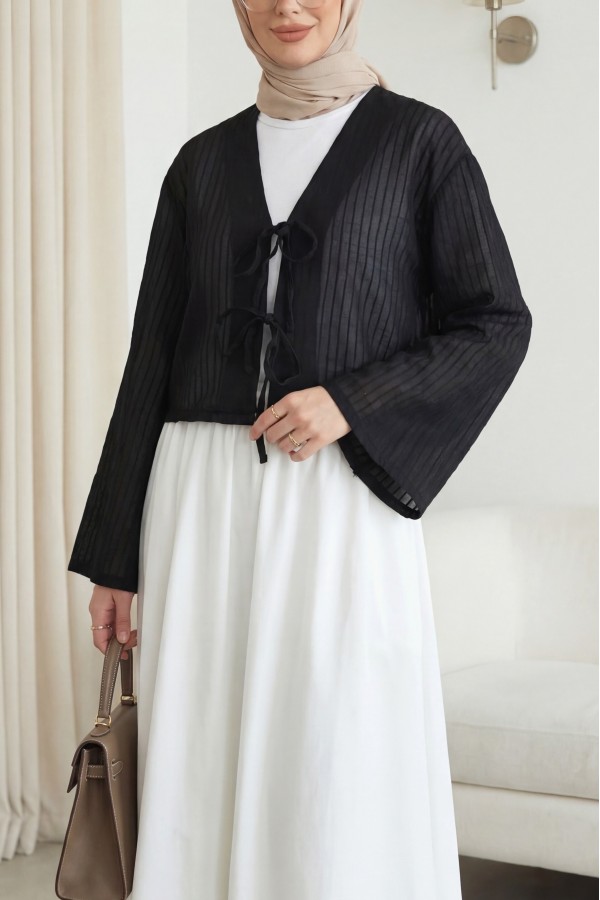 Önü Bağcıklı Yarı Transparan Volan Kol Bluz -Siyah