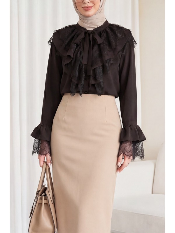 Cupra Ayrobin Shirt with Tie-Collar Guipure Lace and Ruffled Sleeves -Dark Coffee