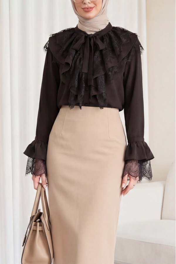 Cupra Ayrobin Shirt with Tie-Collar Guipure Lace and Ruffled Sleeves -Dark Coffee