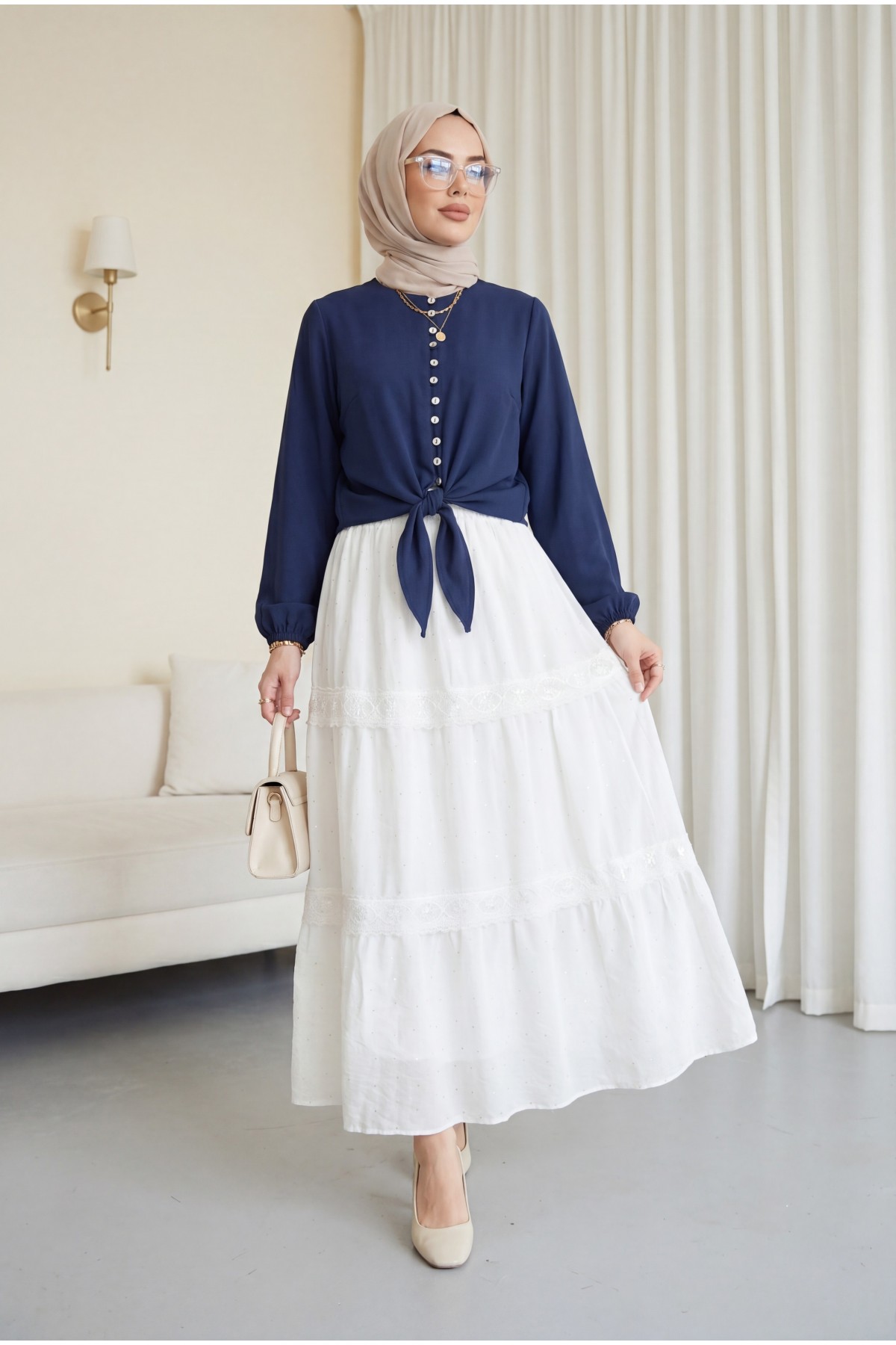 Elasticated Waist, Lined Voile Skirt with Stone and Lace Details -White
