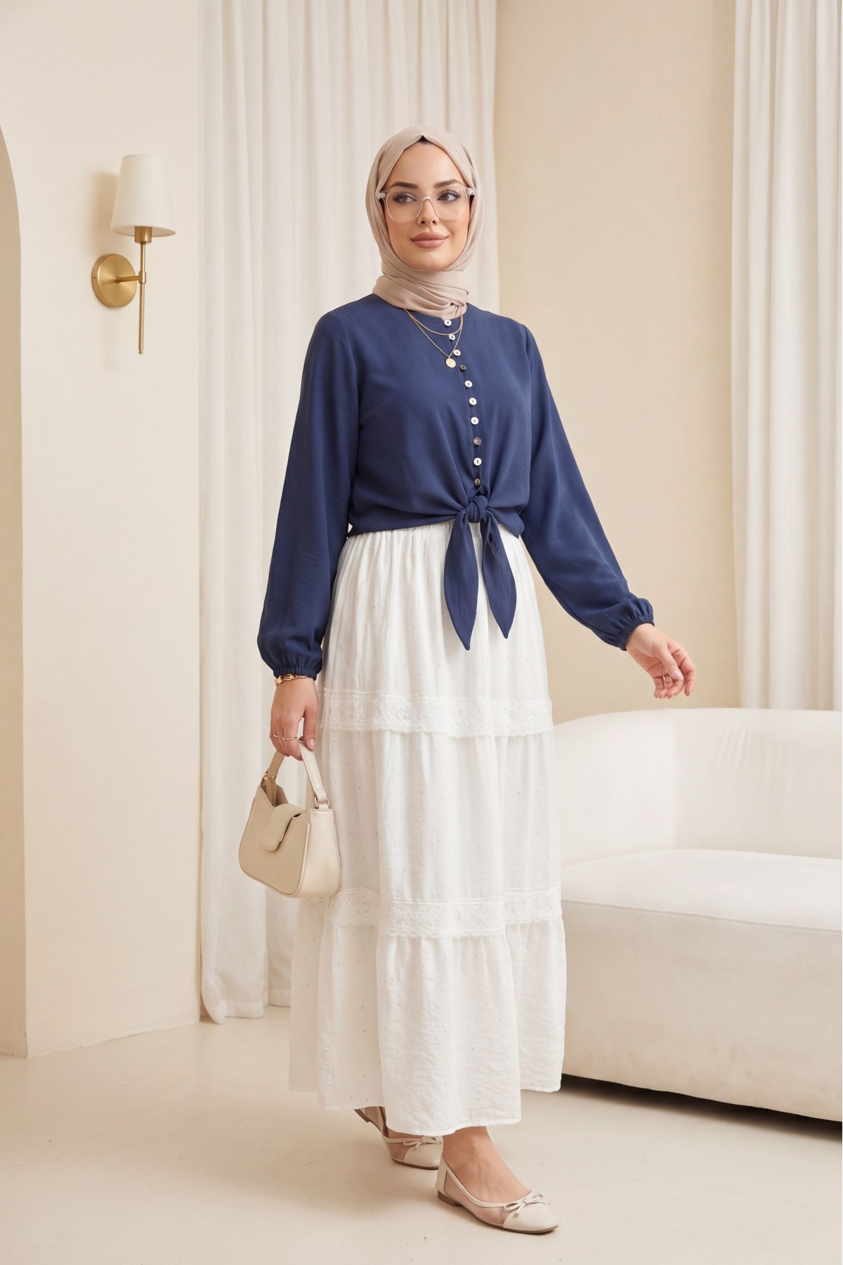 Elasticated Waist, Lined Voile Skirt with Stone and Lace Details -White