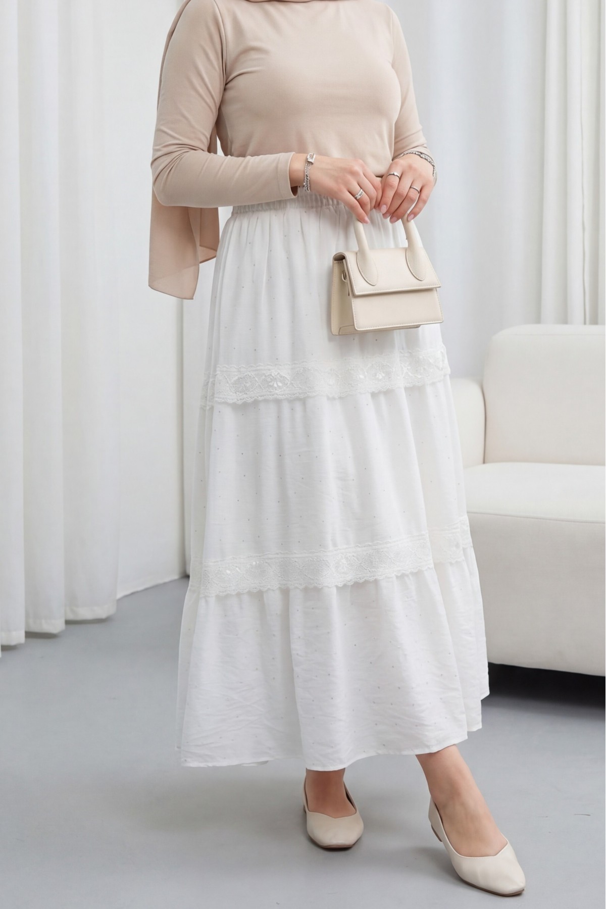 Elasticated Waist, Lined Voile Skirt with Stone and Lace Details -White