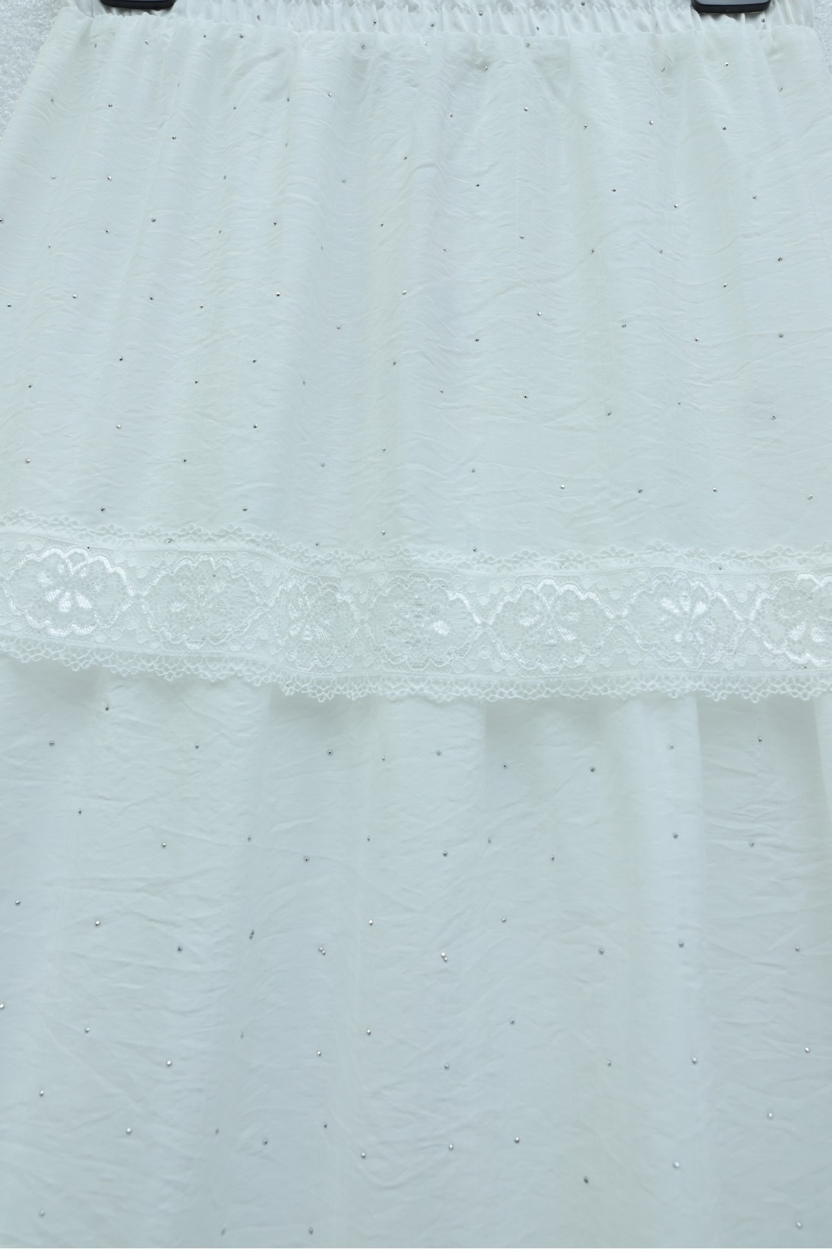 Elasticated Waist, Lined Voile Skirt with Stone and Lace Details -White