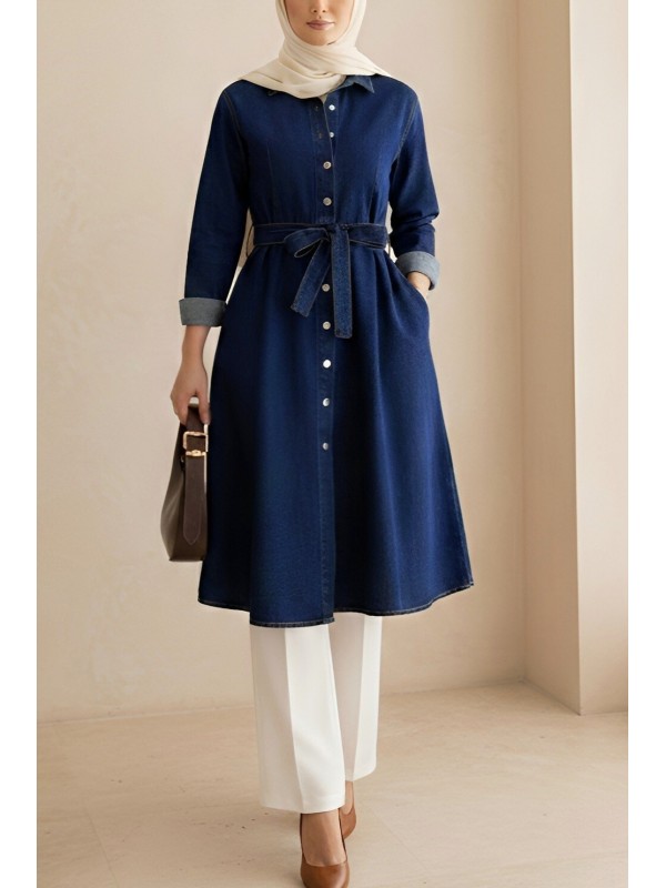 Boydan Çıtçıtlı Kemerli Kot Kap -İndigo