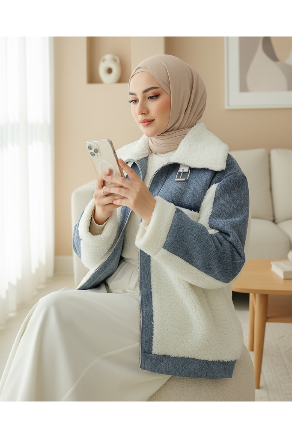Kot Detaylı Astarlı Cepli Peluş Mont -Beyaz