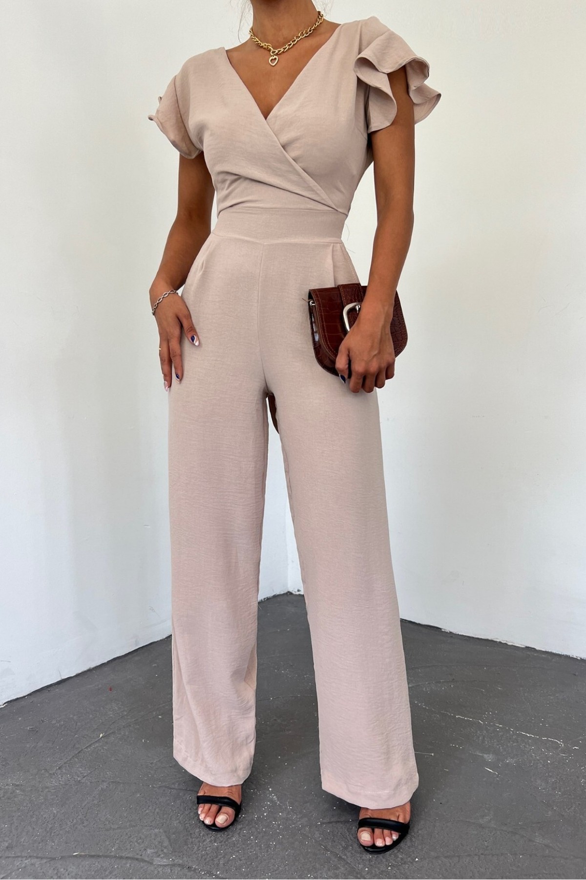 Zipper Detailed Ruffled Jumpsuit  -Light Mink