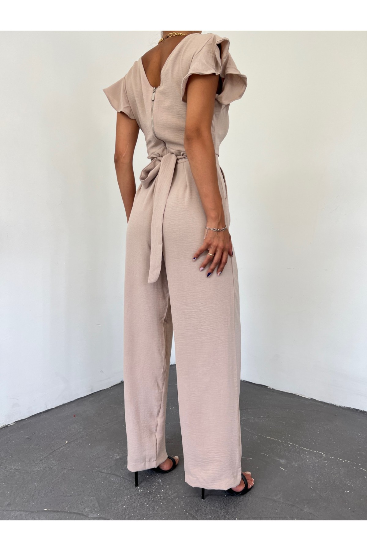 Zipper Detailed Ruffled Jumpsuit  -Light Mink