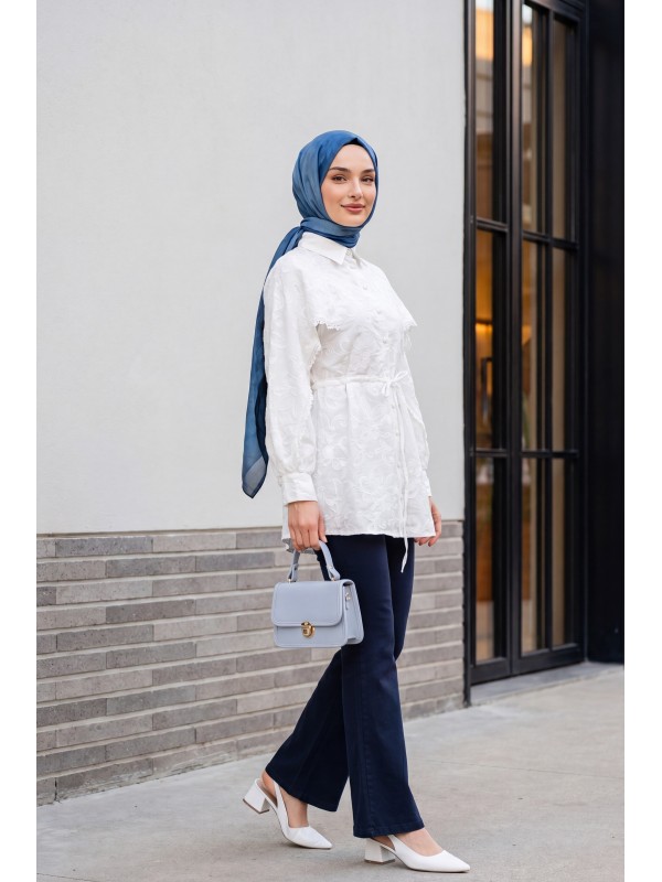 Lace-Detailed Embroidered, Belted, Lined Thin Linen Tunic -White