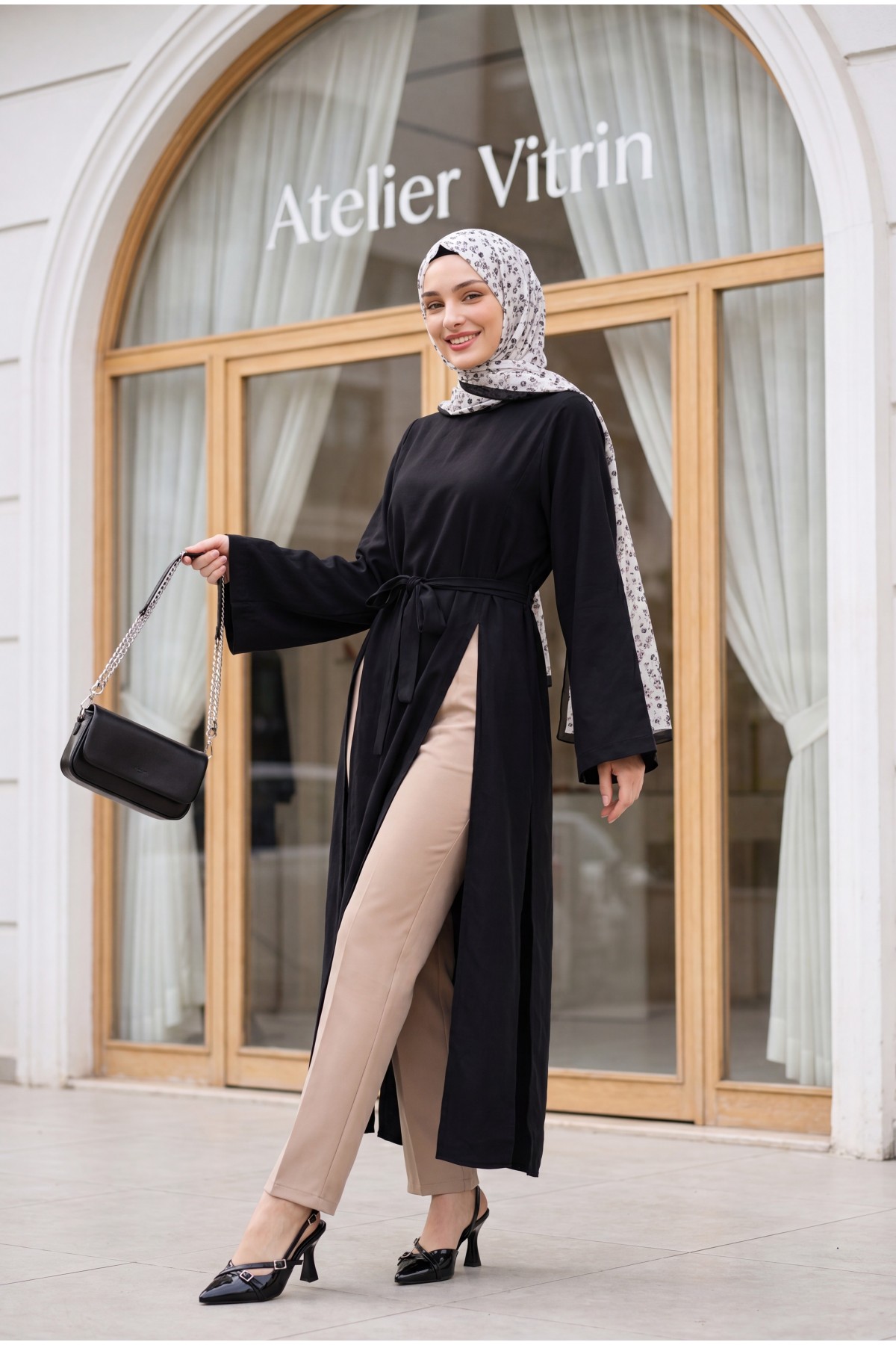 Mandarin Collar Deep Slit Belted Long Modal Tunic -Black