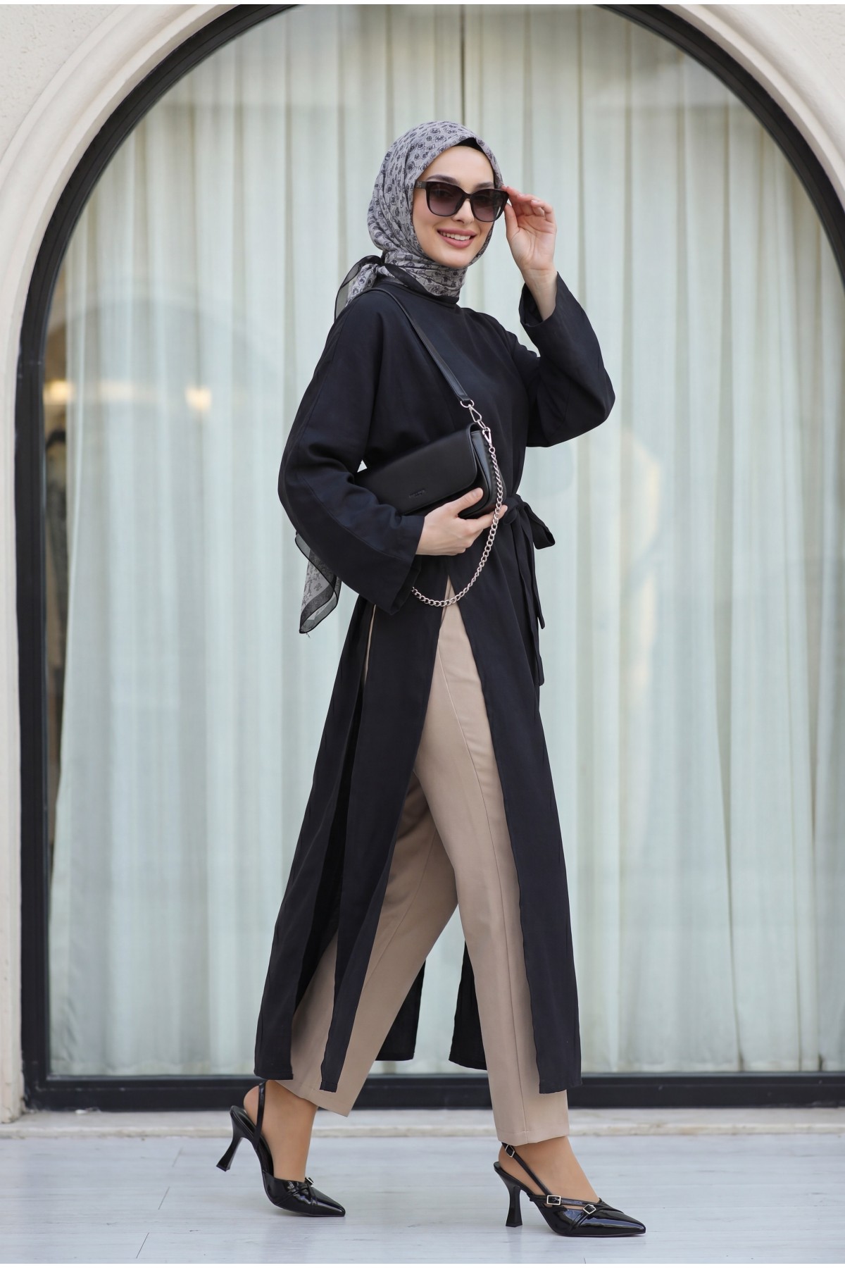 Mandarin Collar Deep Slit Belted Long Modal Tunic -Black