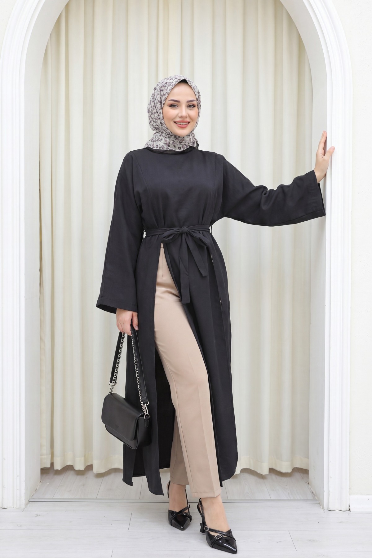 Mandarin Collar Deep Slit Belted Long Modal Tunic -Black