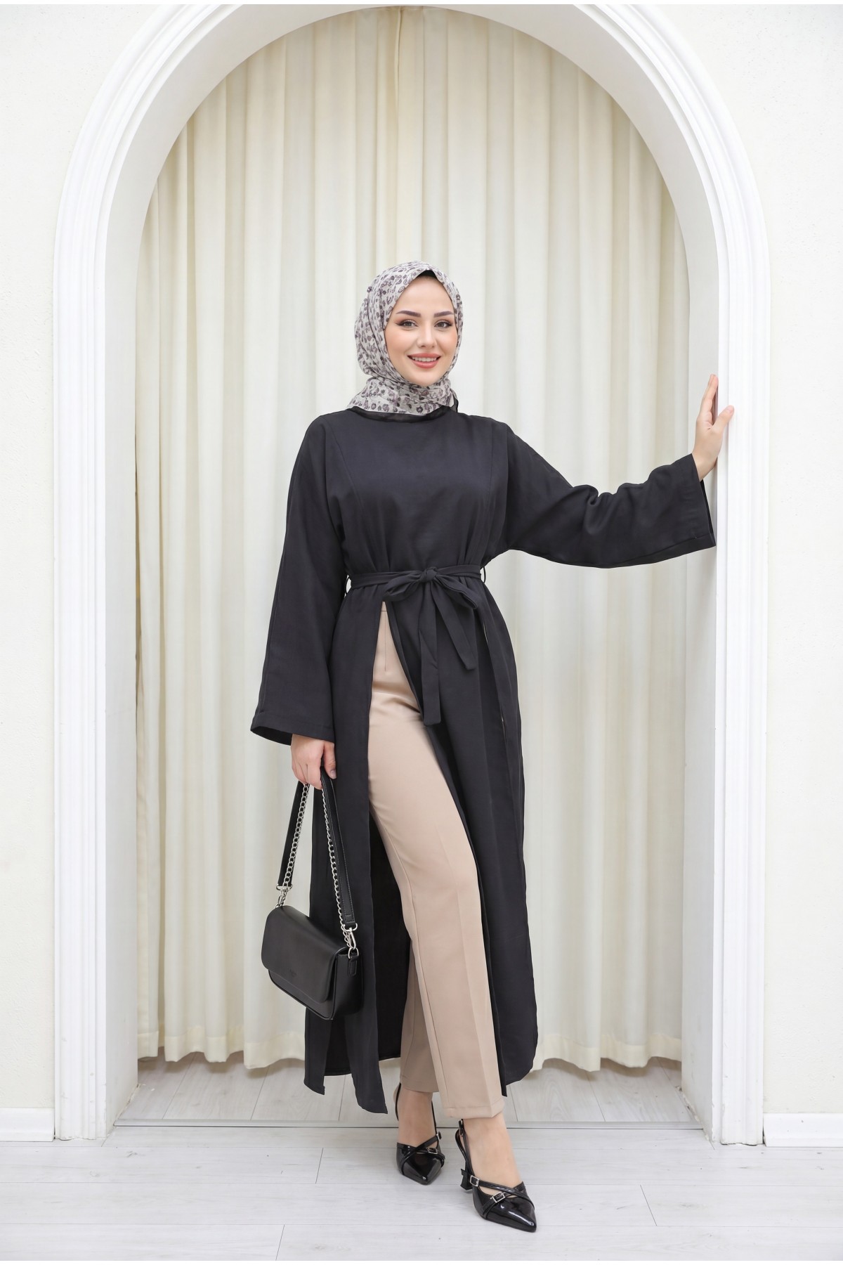 Mandarin Collar Deep Slit Belted Long Modal Tunic -Black