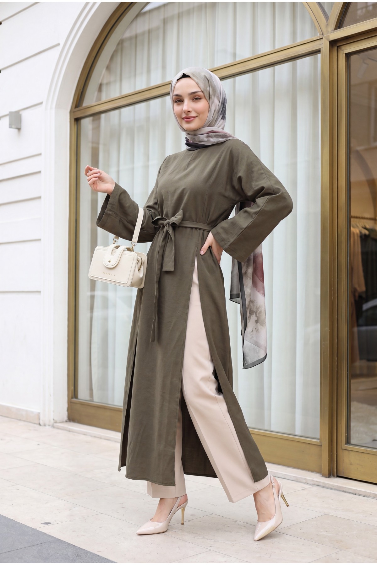 Mandarin Collar Deep Slit Belted Long Modal Tunic -Khaki