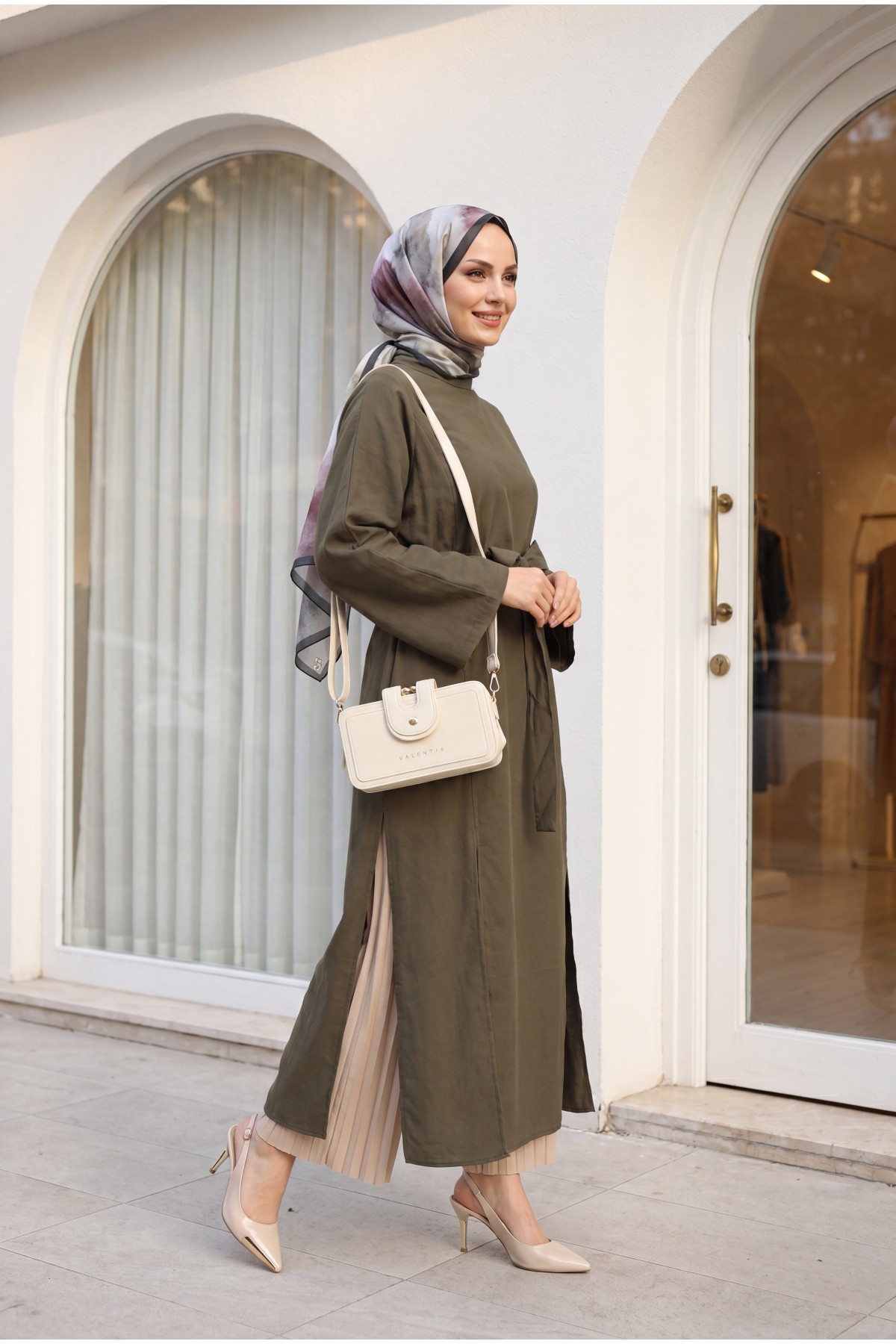 Mandarin Collar Deep Slit Belted Long Modal Tunic -Khaki