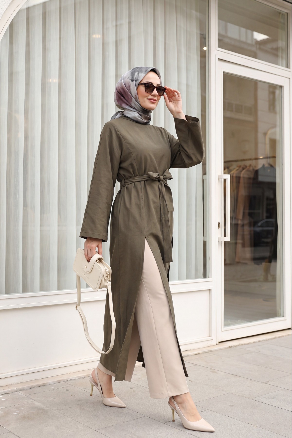 Mandarin Collar Deep Slit Belted Long Modal Tunic -Khaki