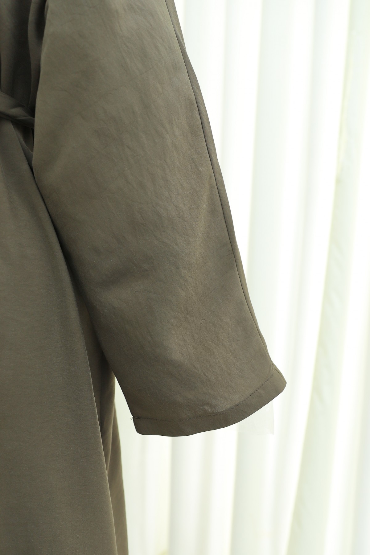 Mandarin Collar Deep Slit Belted Long Modal Tunic -Khaki