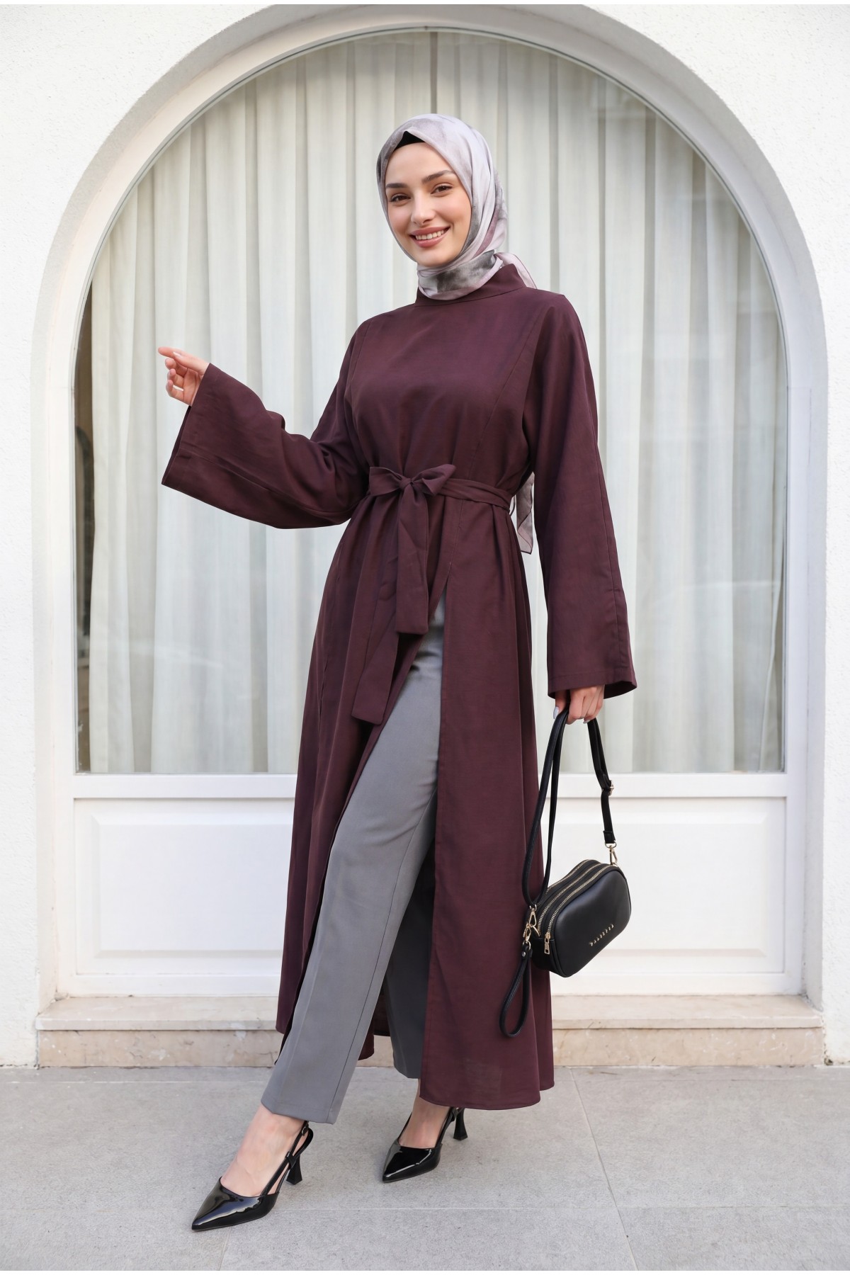Mandarin Collar Deep Slit Belted Long Modal Tunic -Damson