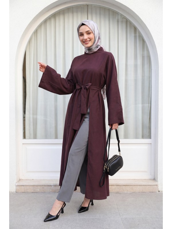 Mandarin Collar Deep Slit Belted Long Modal Tunic -Damson