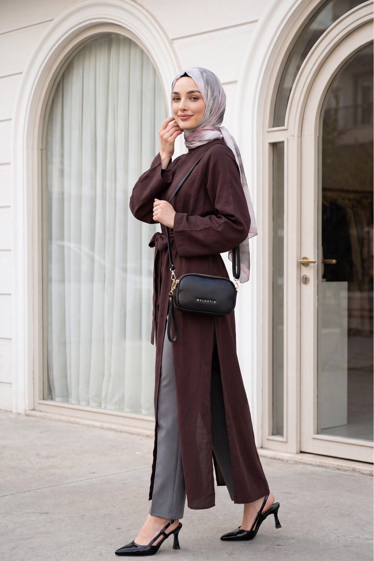 Mandarin Collar Deep Slit Belted Long Modal Tunic -Damson