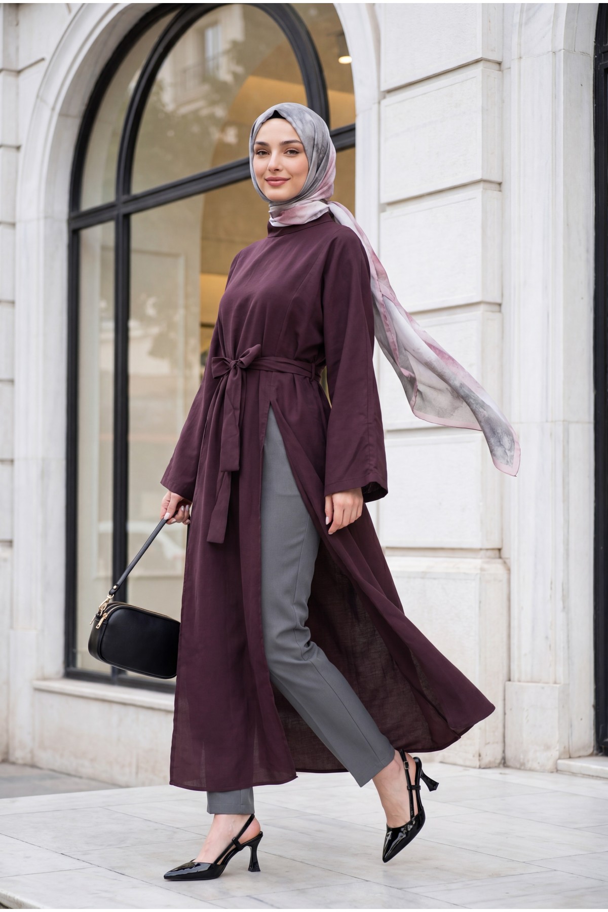 Mandarin Collar Deep Slit Belted Long Modal Tunic -Damson