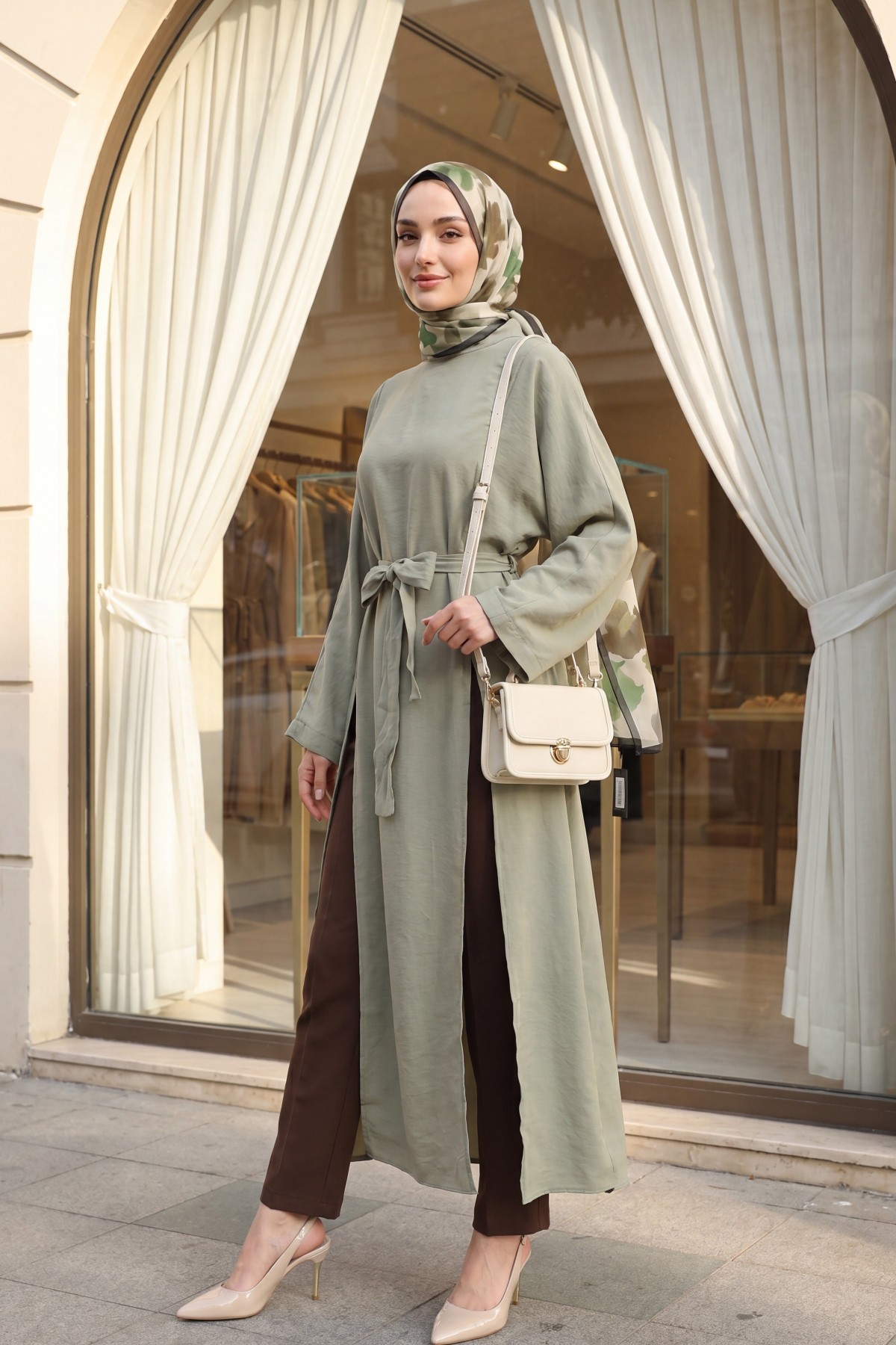 Mandarin Collar Deep Slit Belted Long Modal Tunic -Cagla Green