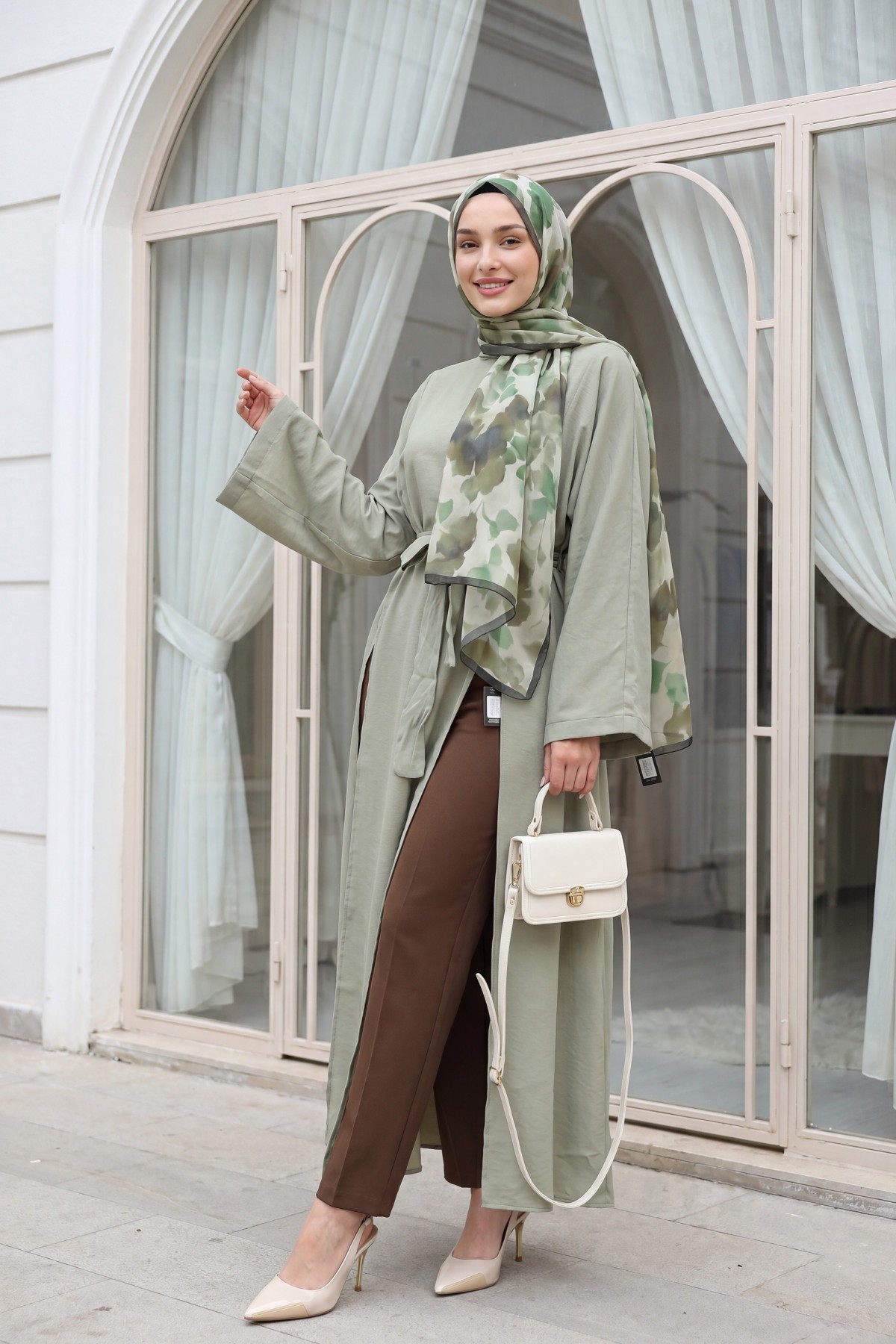 Mandarin Collar Deep Slit Belted Long Modal Tunic -Cagla Green