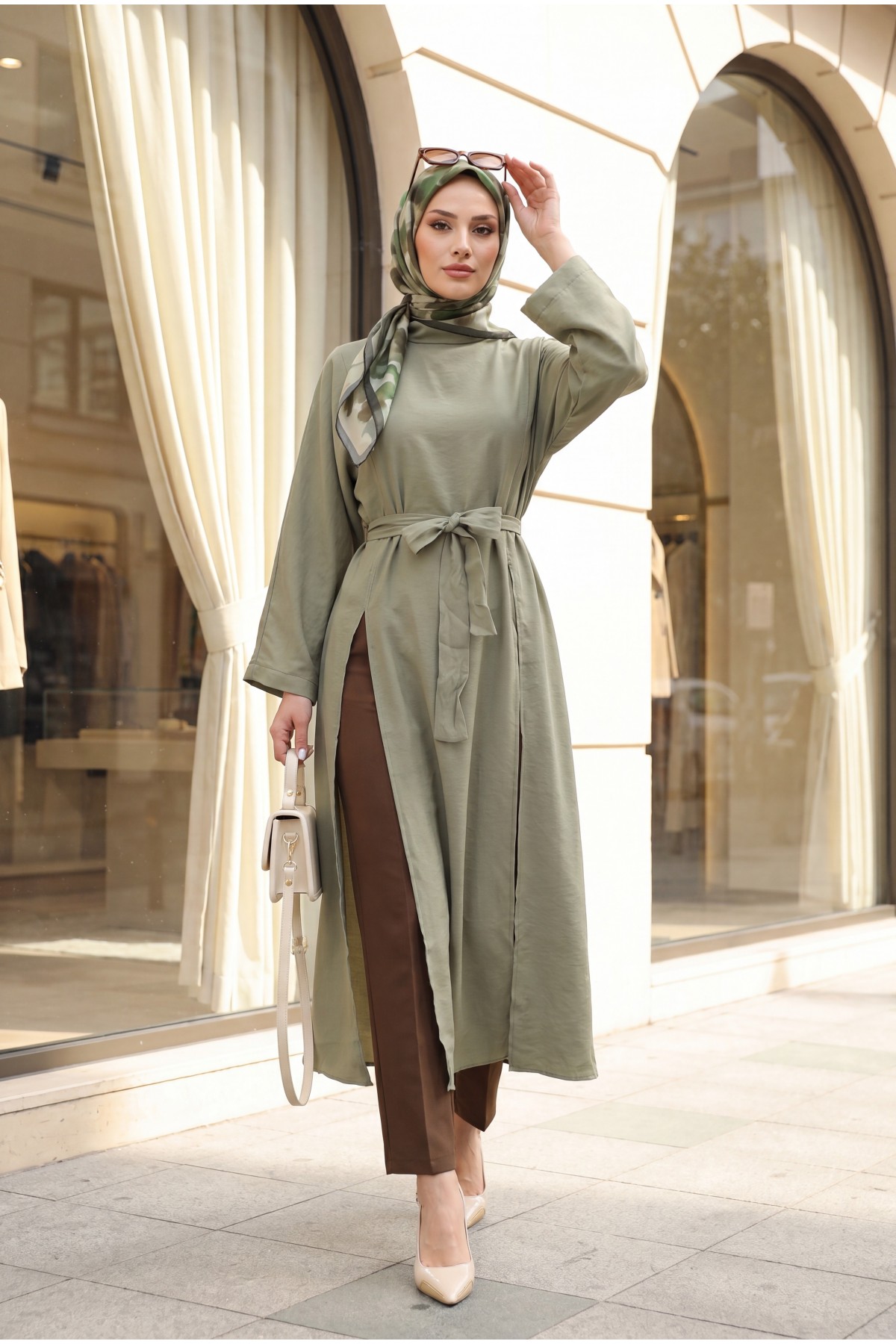 Mandarin Collar Deep Slit Belted Long Modal Tunic -Cagla Green