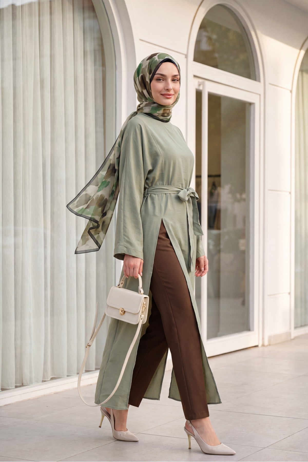 Mandarin Collar Deep Slit Belted Long Modal Tunic -Cagla Green