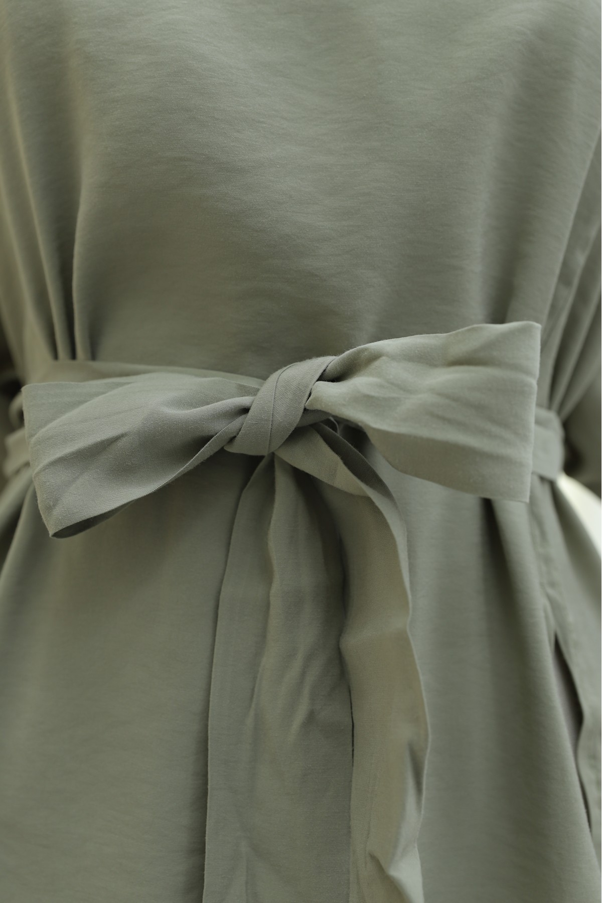 Mandarin Collar Deep Slit Belted Long Modal Tunic -Cagla Green