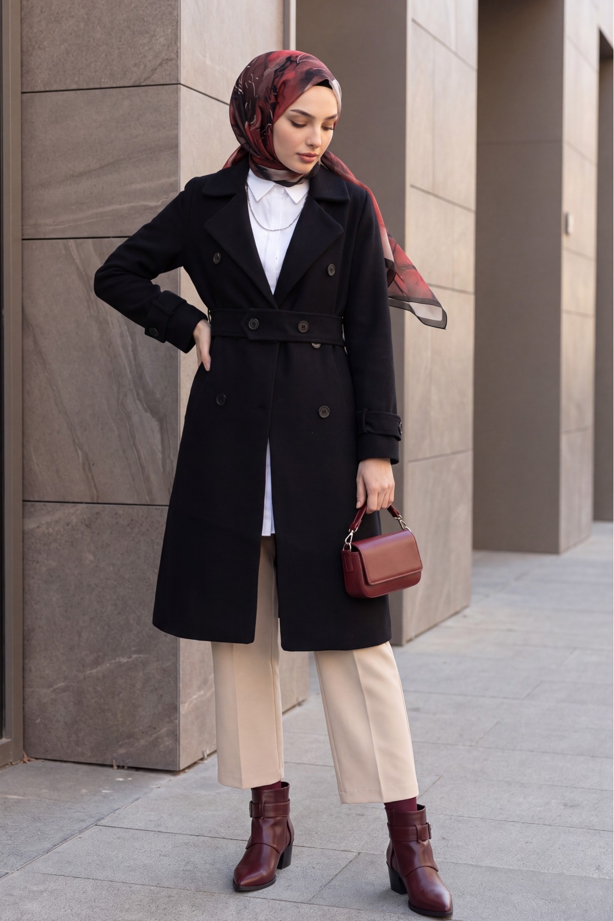 Kemerli Astarlı Bolero Detaylı Kaban -Siyah