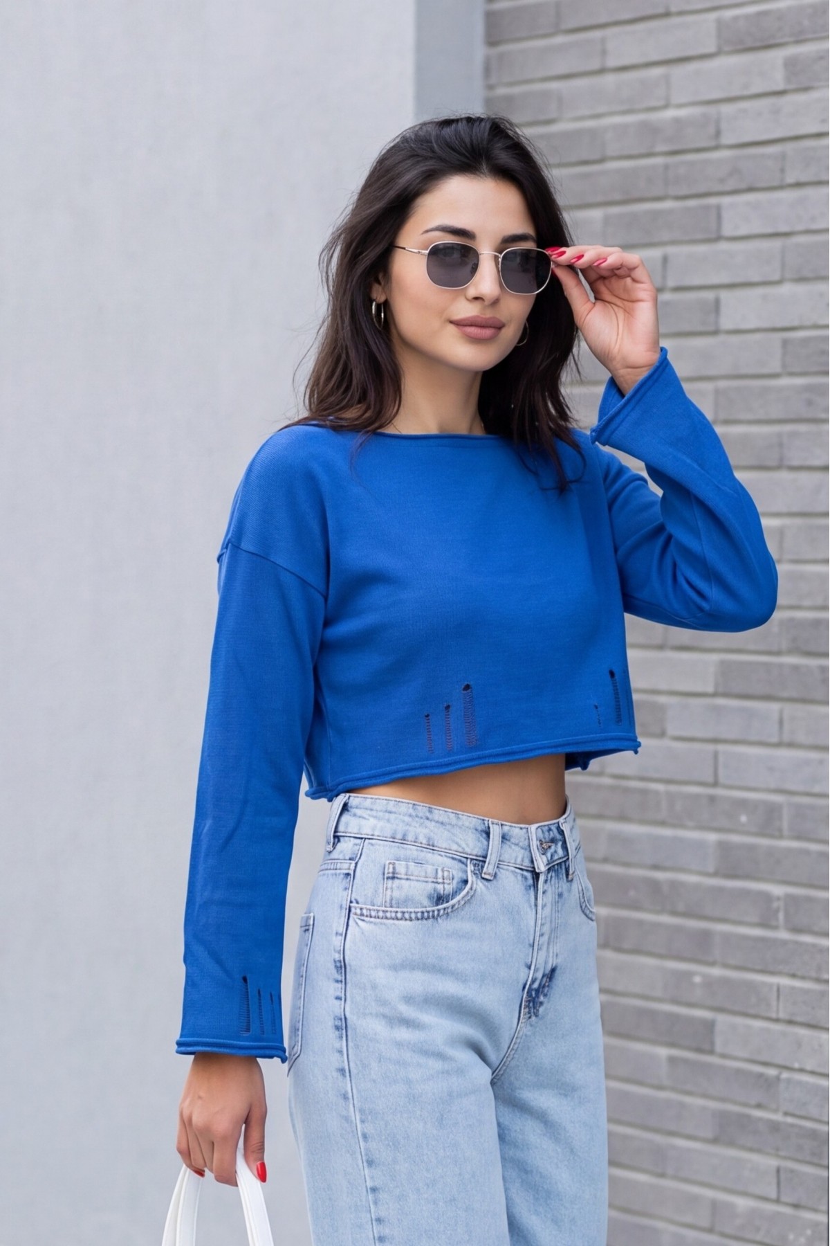 Kayık Yaka Triko Crop -Saks