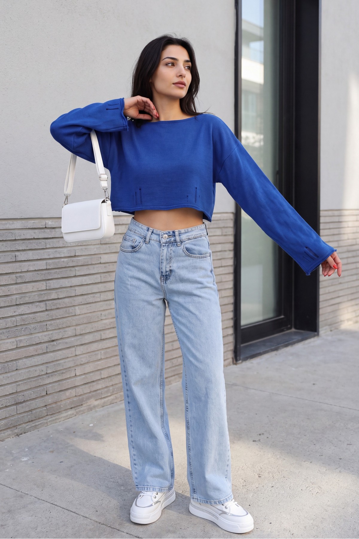 Kayık Yaka Triko Crop -Saks